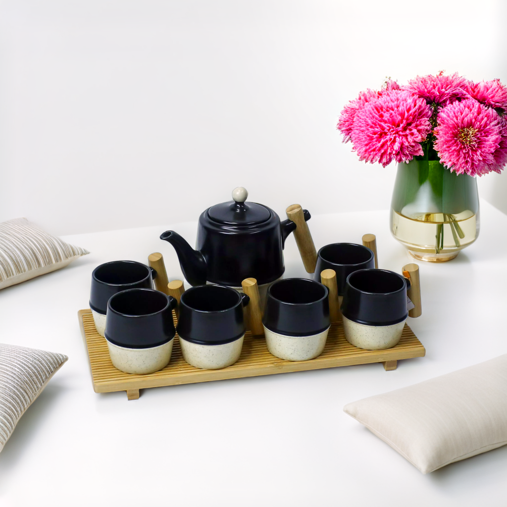 Elegant Premium Coffee Set with Six Cups and Wooden Tray