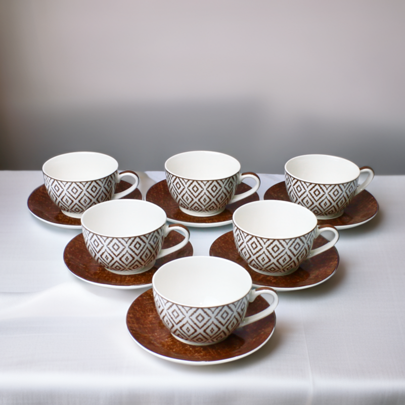 Elegant Geometric Pattern Cup Saucer Set - 6 Piece