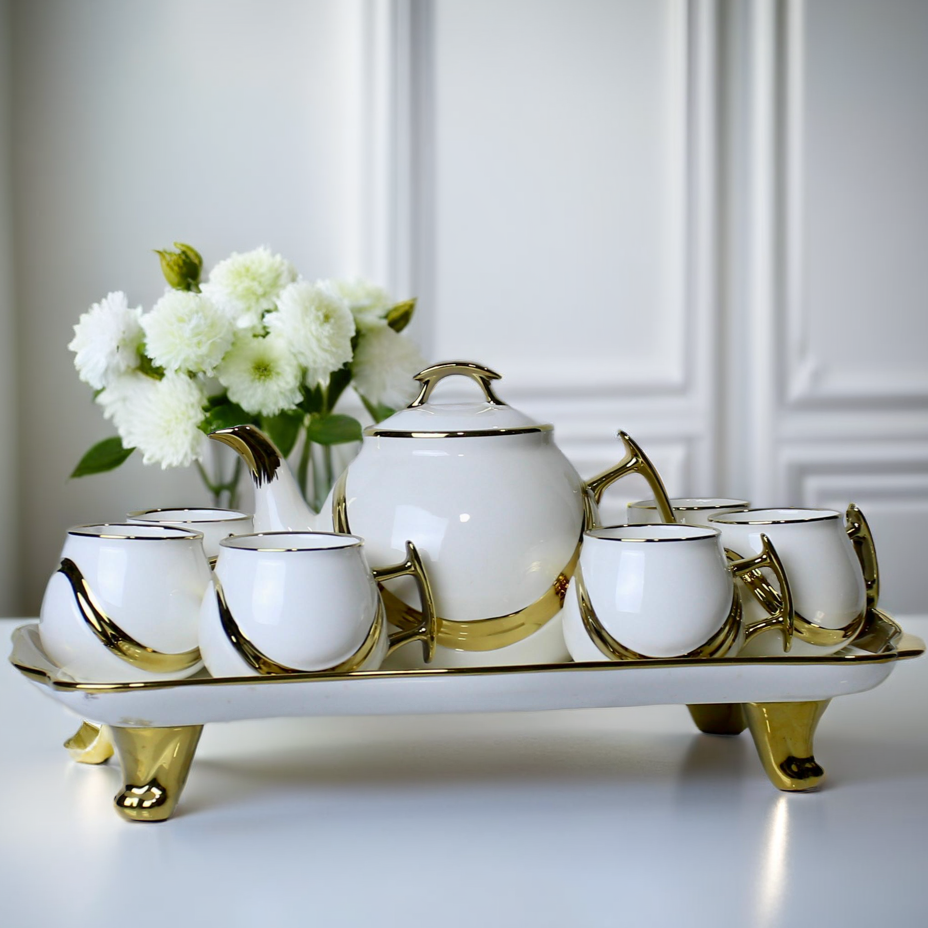 Elegant 9-Piece Porcelain Coffee Set with Gold Accents
