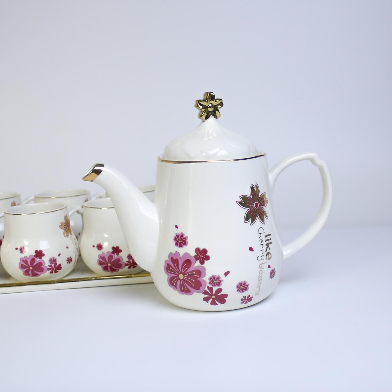 Floral Delight: 9-Piece Porcelain Coffee Tea Set with Tray
