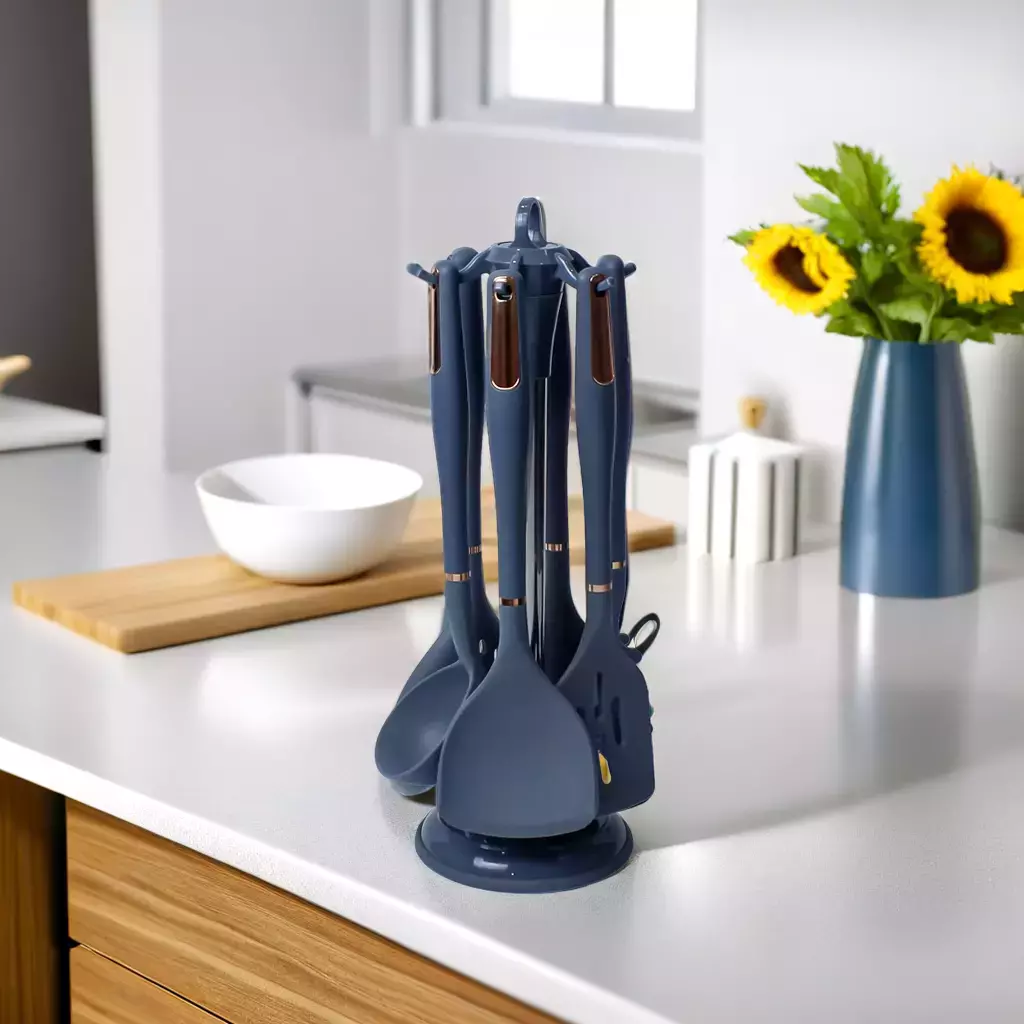 Premium Beige/Dark Slate Blue Silicone Kitchen Utensil Set with Rotating Stand - 7 Pieces