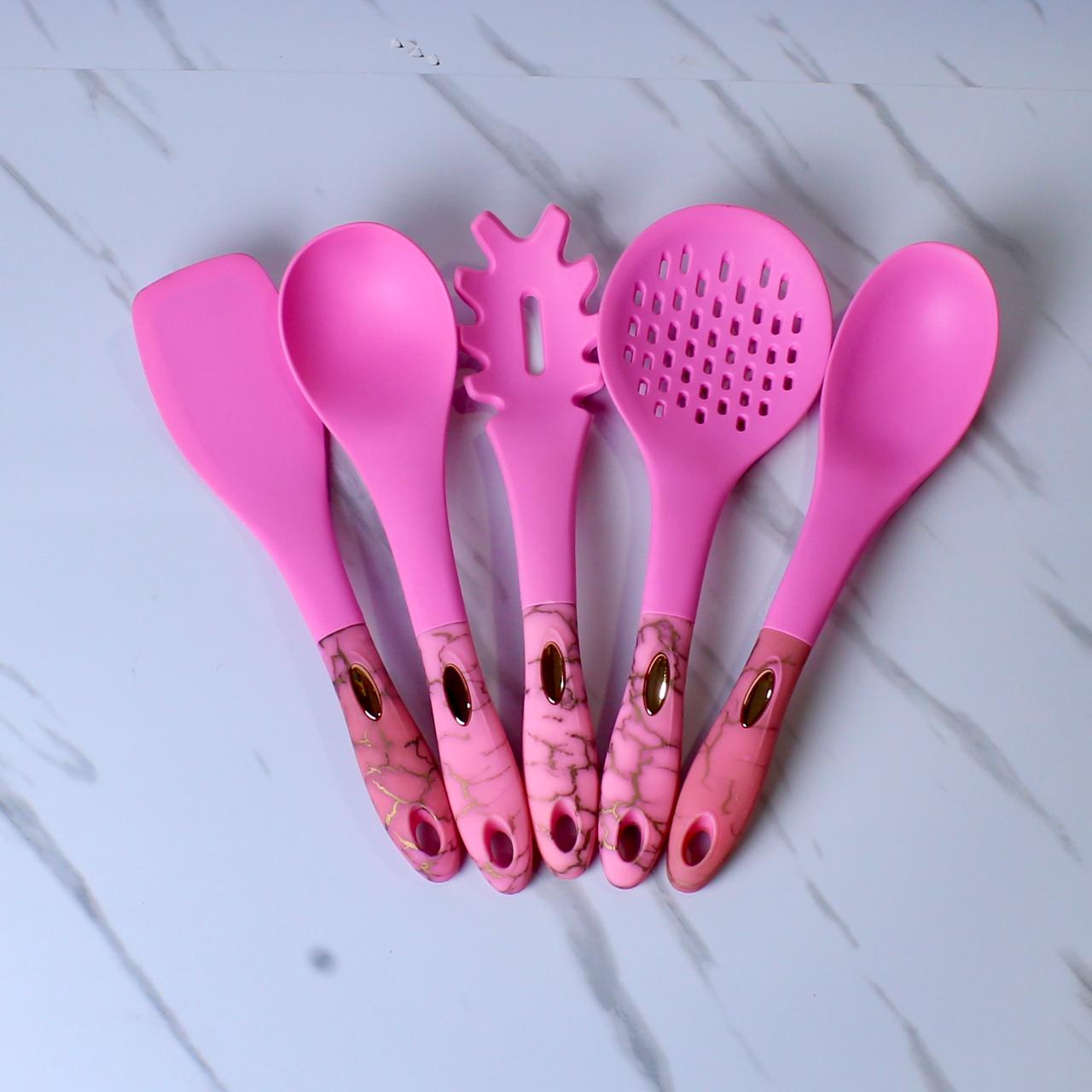 Elegant Pink Silicone Kitchen Utensil Set with Rose Gold Accents - 7 Pieces