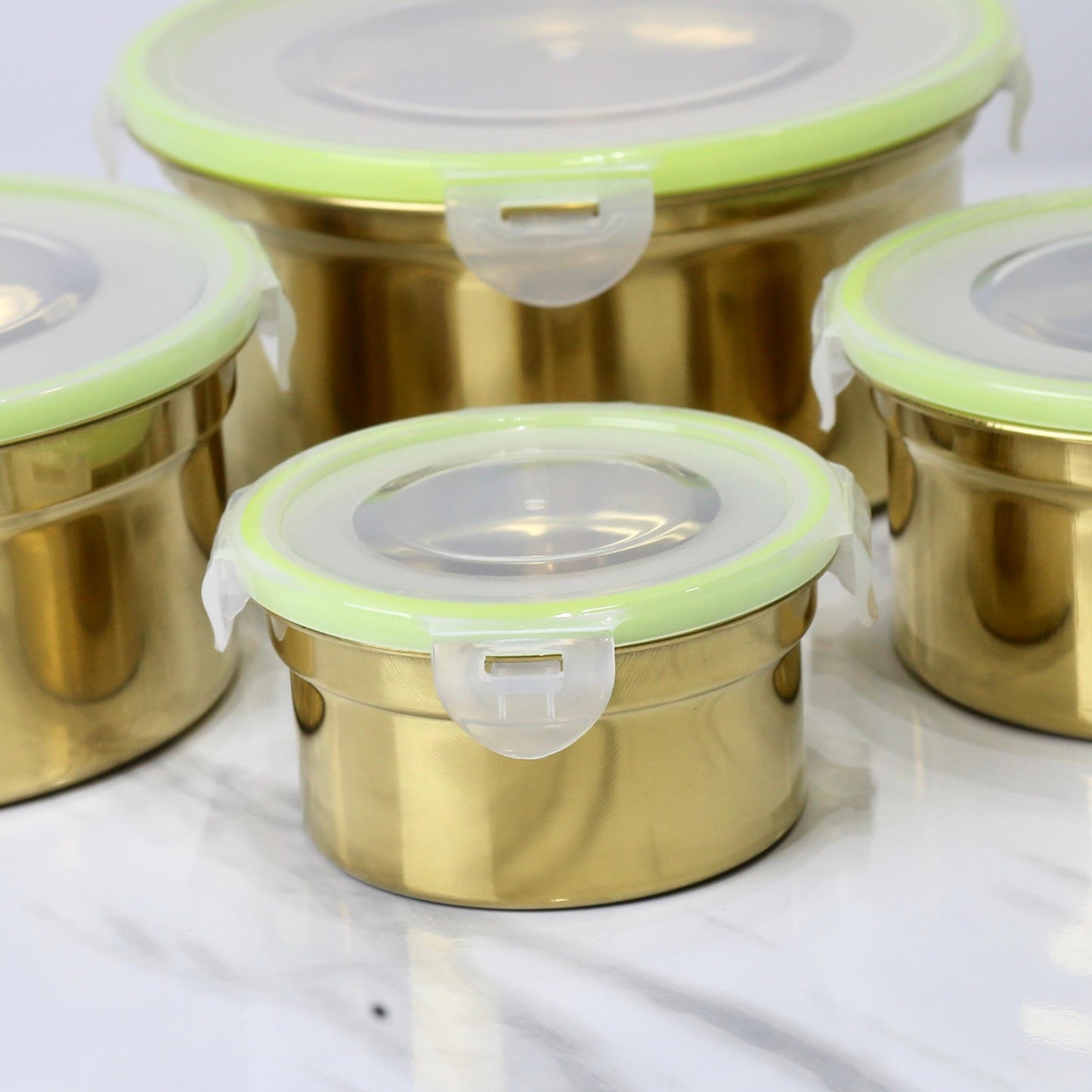 Golden Stainless Steel Food Storage Bowl Set with Airtight Lids - 4 Piece Set (10/13/15/18 CM)