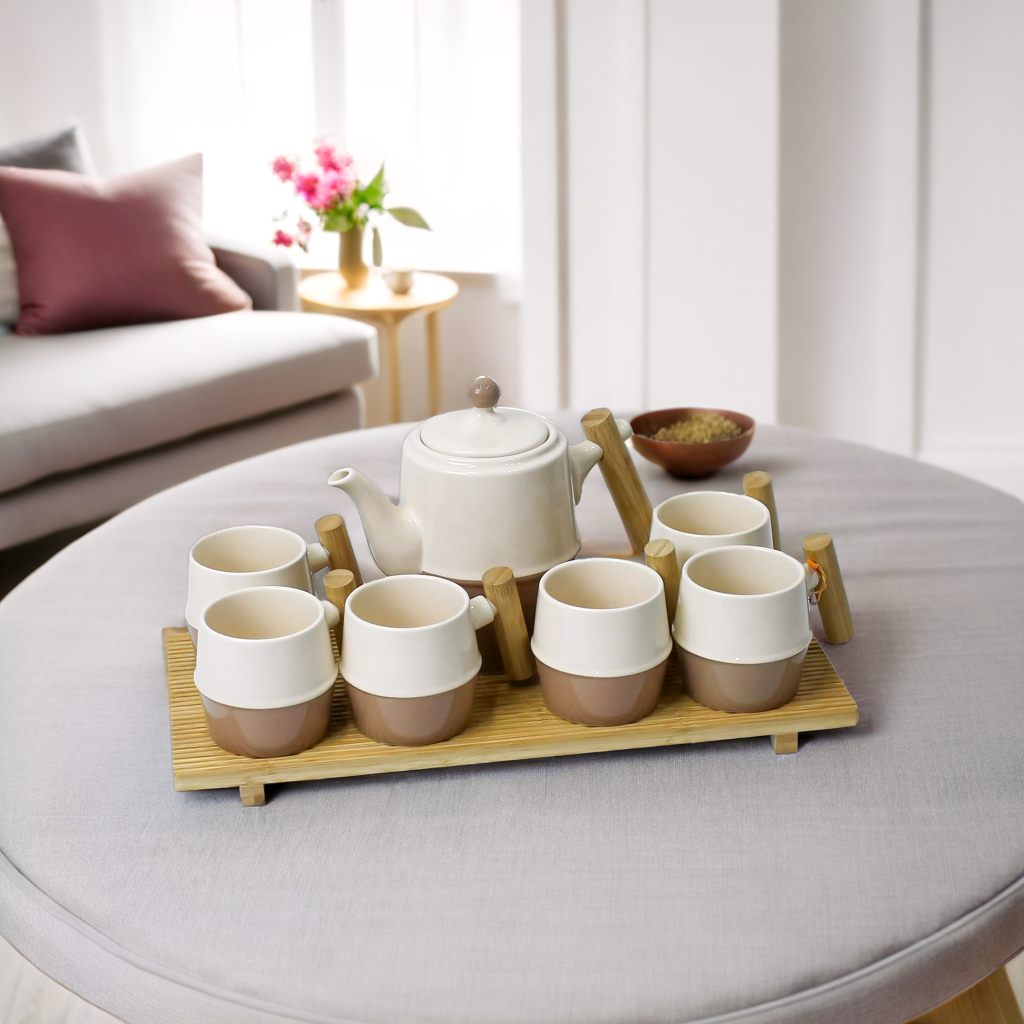 Elegant Premium Coffee Set with Six Cups and Wooden Tray