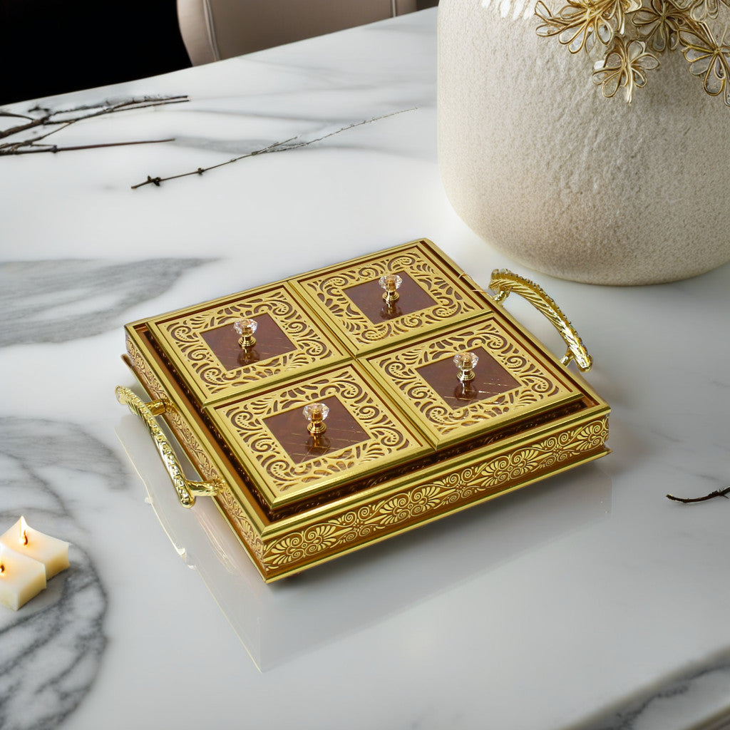 Royal Elegance Wooden Dry Fruit Tray – 4 Compartment Box