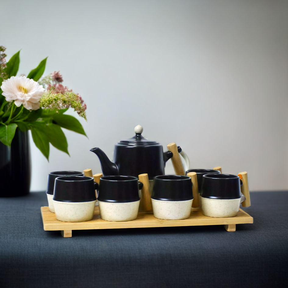 Elegant Premium Coffee Set with Six Cups and Wooden Tray