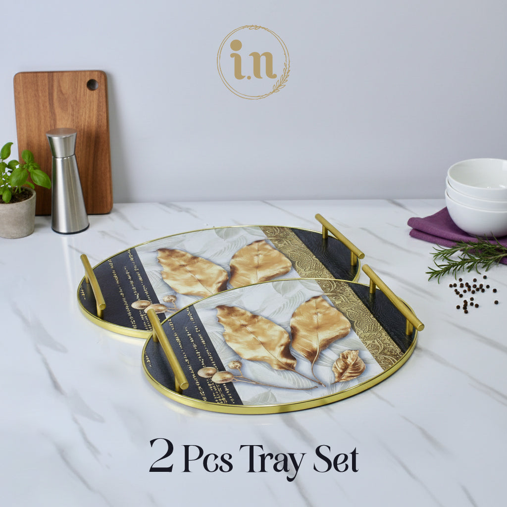 Elegant Oval Shape Wooden Tray Set with Golden Leaf Design - Set of 2