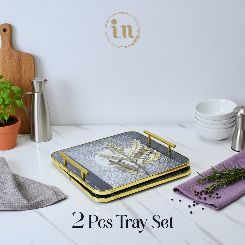 Golden Leaves Design Wooden Tray - Set of 2