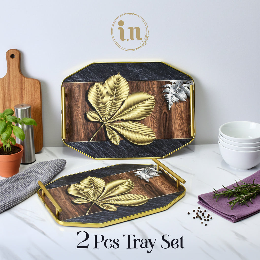 Elegant Leaf Design Wooden Tray Set of 2