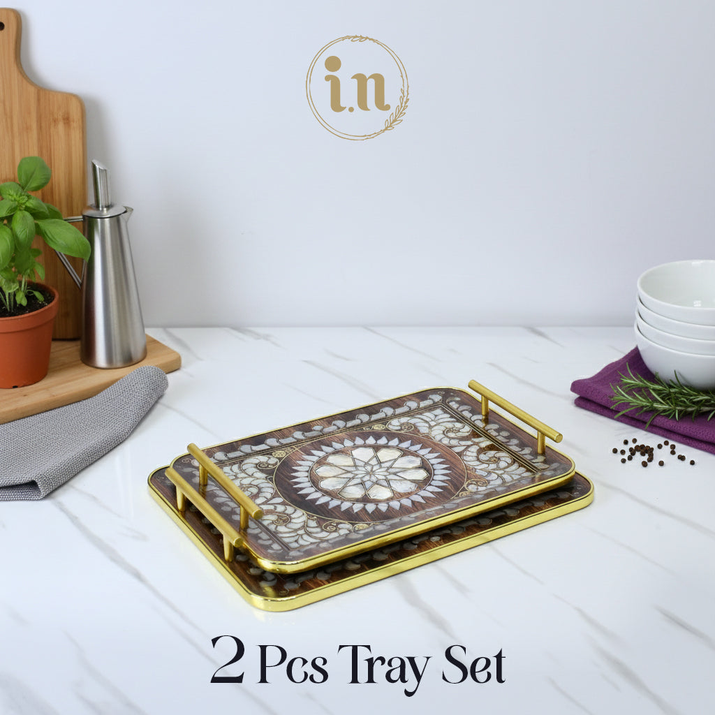 Elegant 2-Piece Wooden Tray Set with Intricate Inlay Work