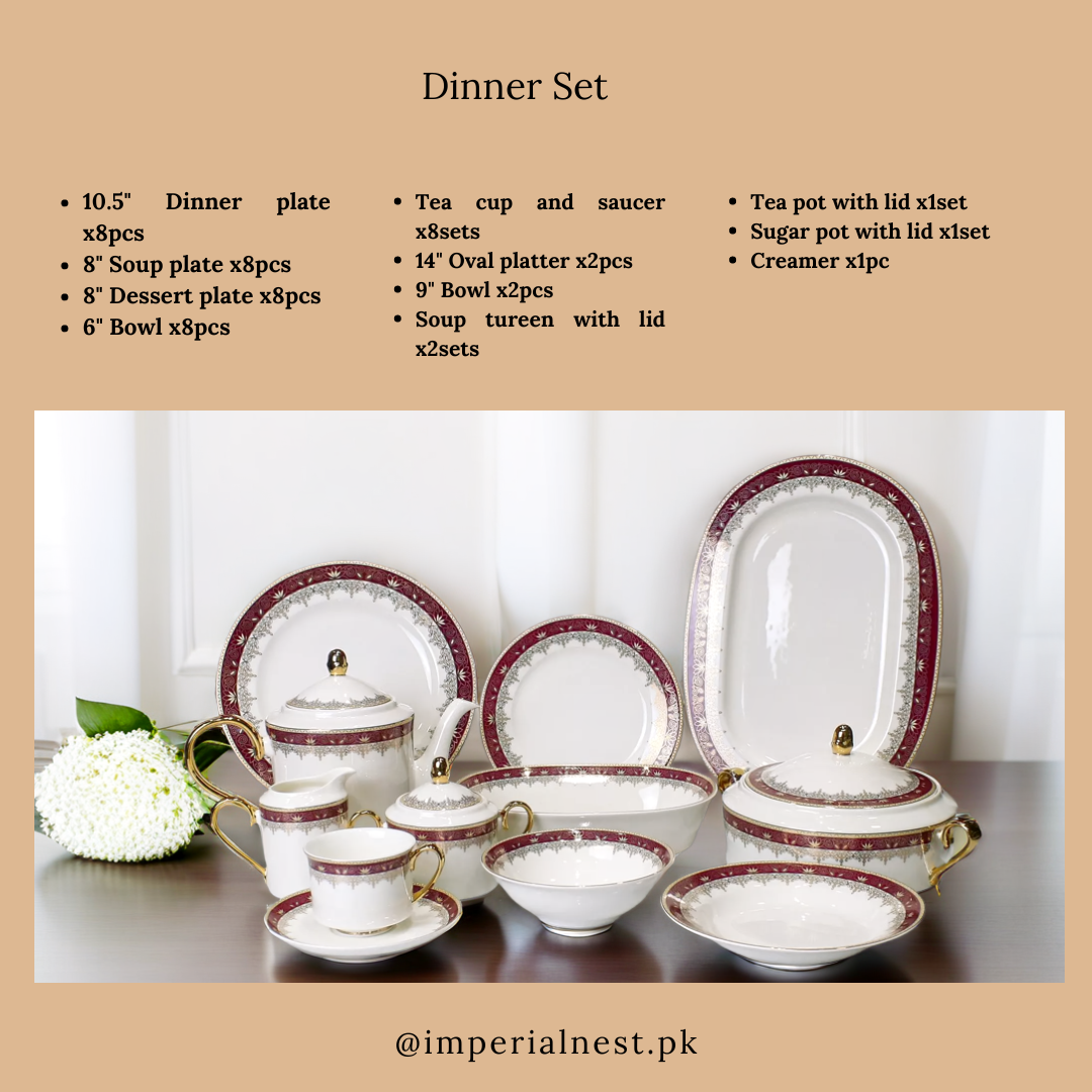 Luxurious 61-Piece Dinner Set with Rich Gold and Burgundy Accents