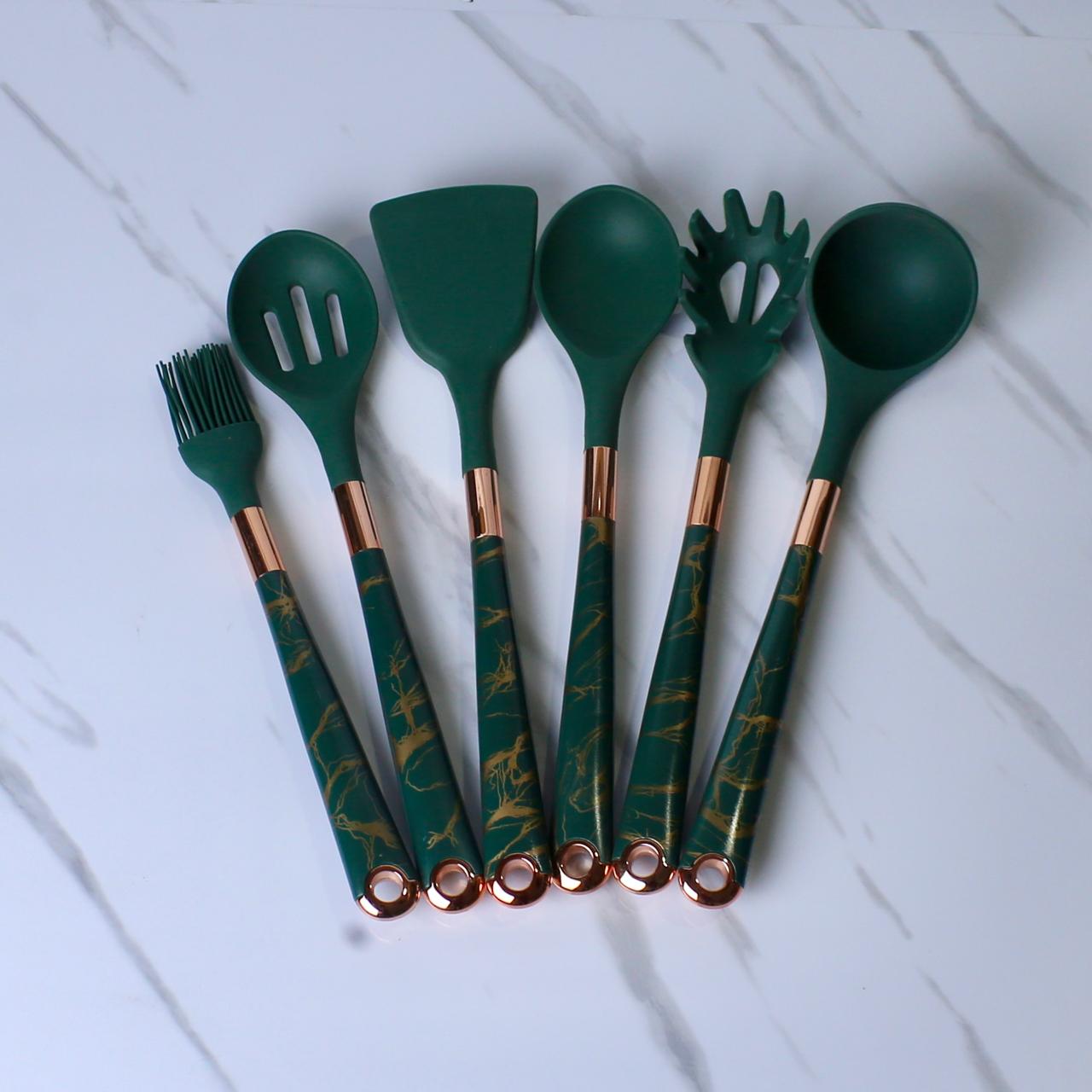Premium Green/Black Silicone Kitchen Utensil Set with Marble Design and Rose Gold Accents - 7 Pieces