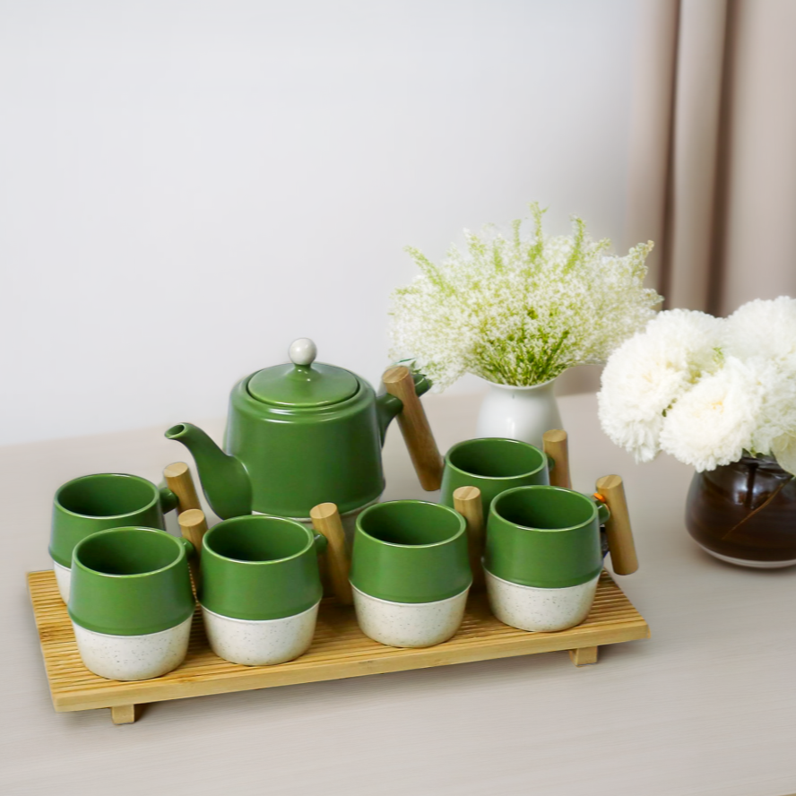 Elegant Premium Coffee Set with Six Cups and Wooden Tray