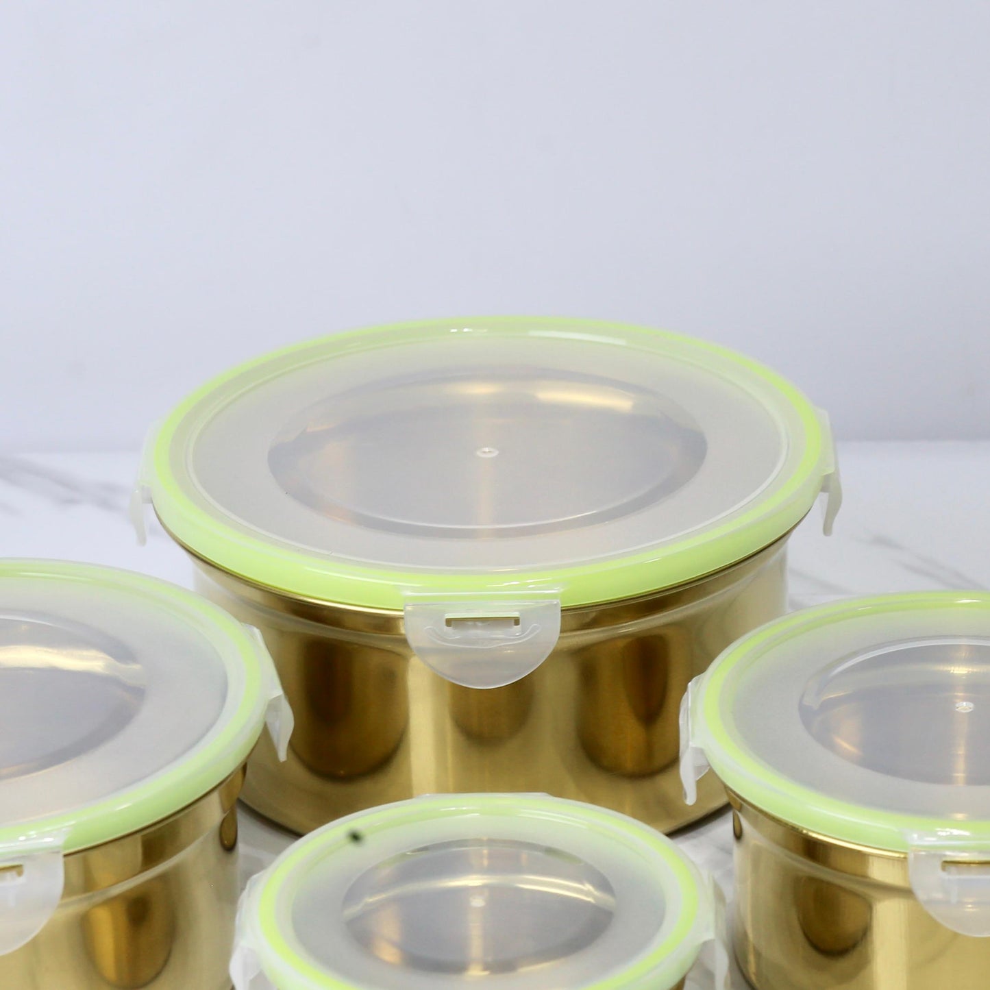 Golden Stainless Steel Food Storage Bowl Set with Airtight Lids - 4 Piece Set (10/13/15/18 CM)