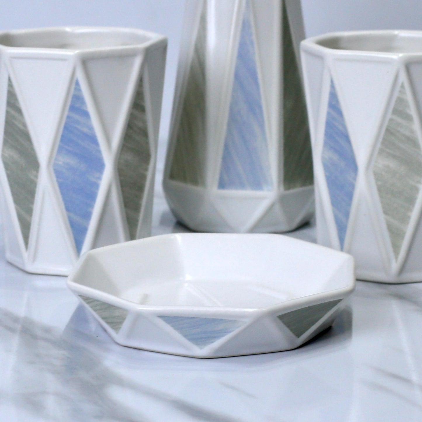 Bathroom Accessories Set with Blue and White Accents