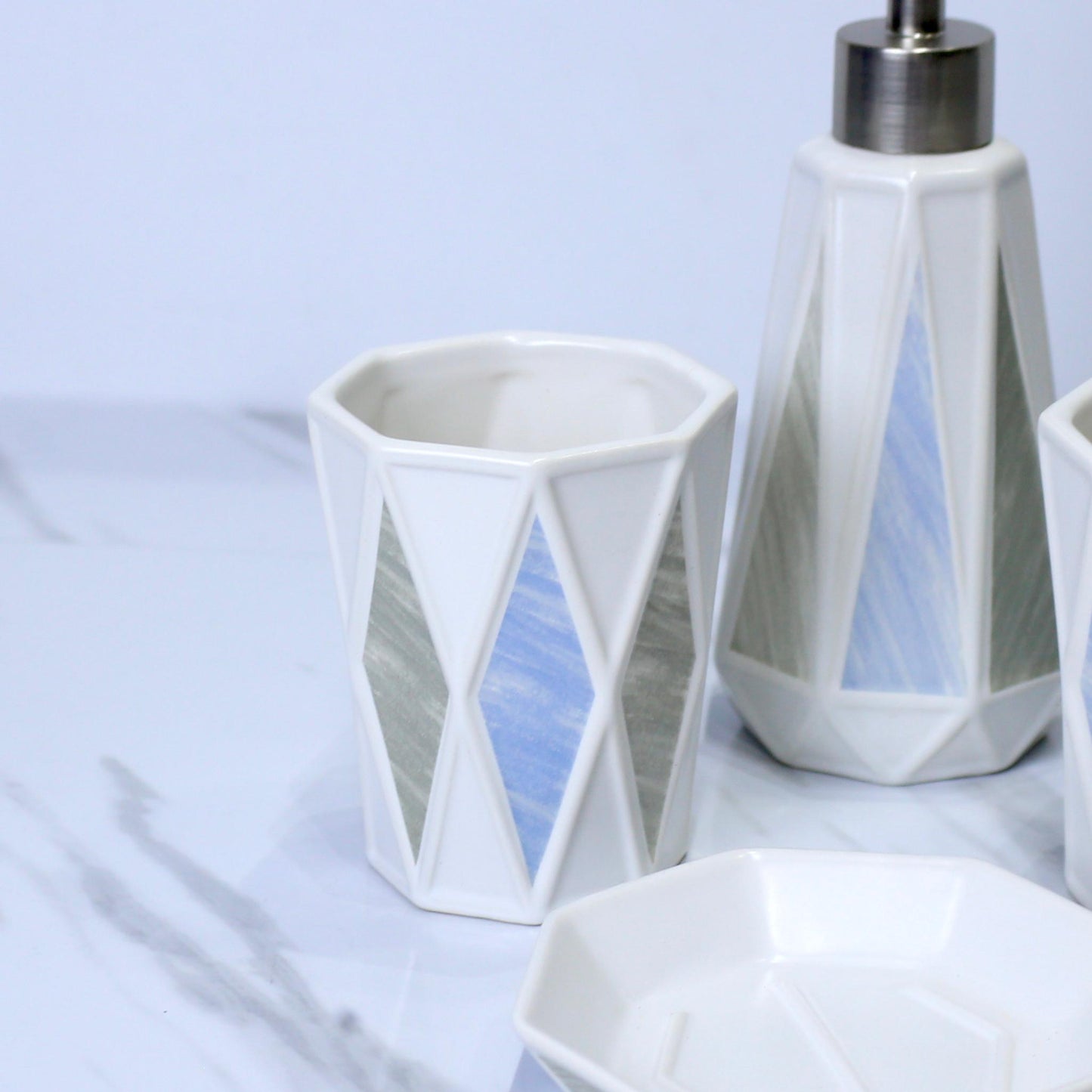 Bathroom Accessories Set with Blue and White Accents