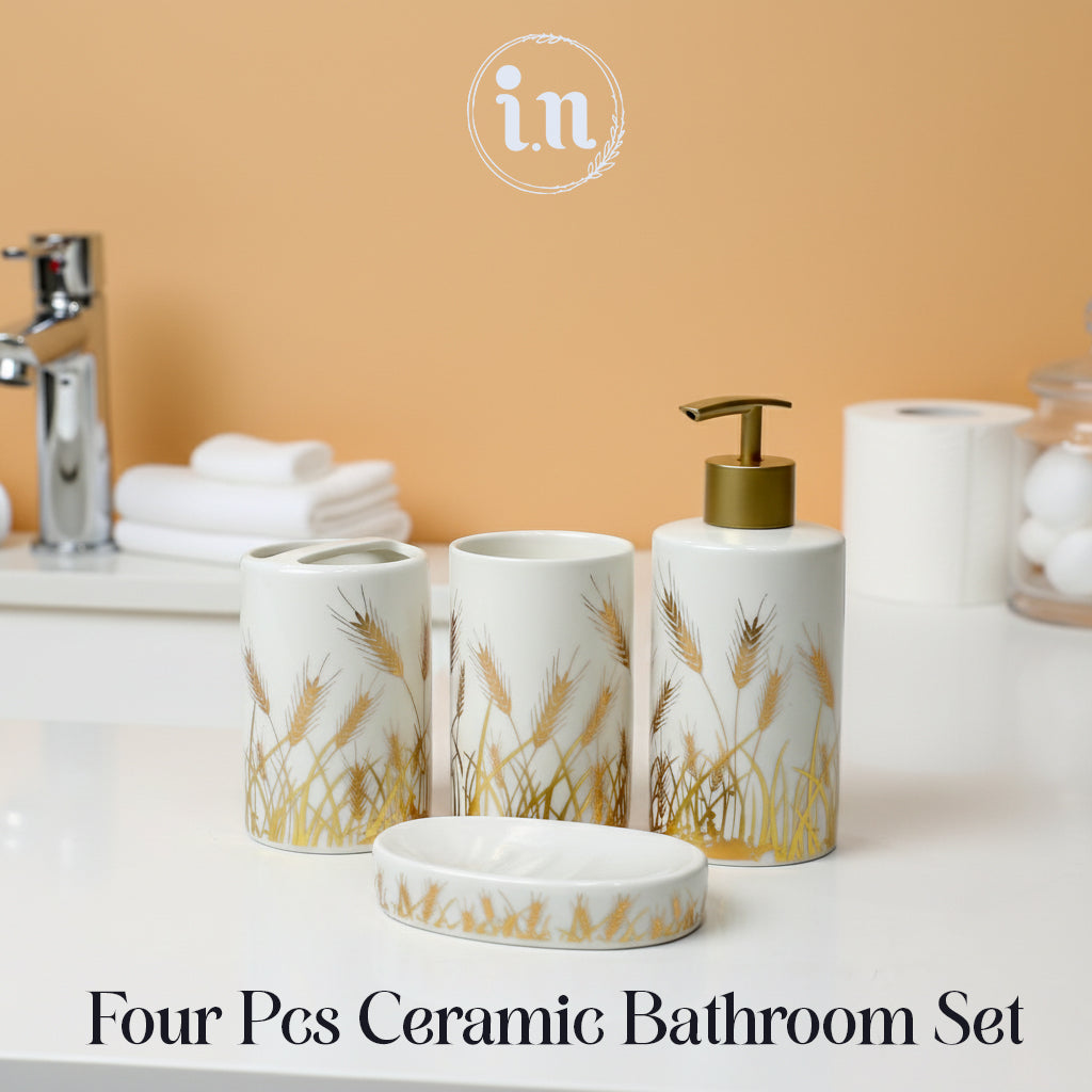 Black/White & Gold Leaves Ceramic Bathroom Set – 4 Pcs Premium Set
