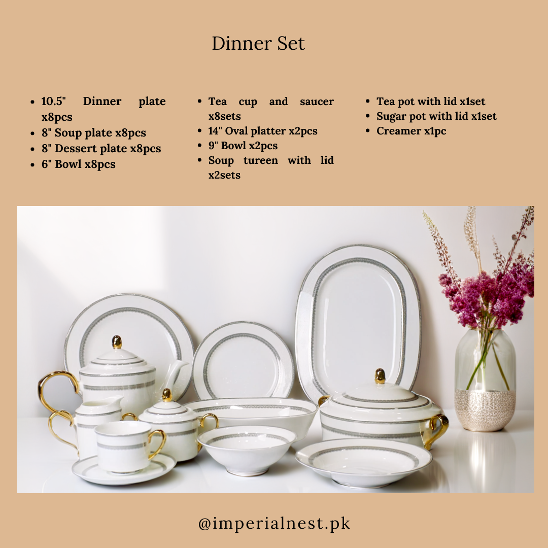 Luxurious 61-Piece Bone China Dinner Set – White & Gray Fine Tableware