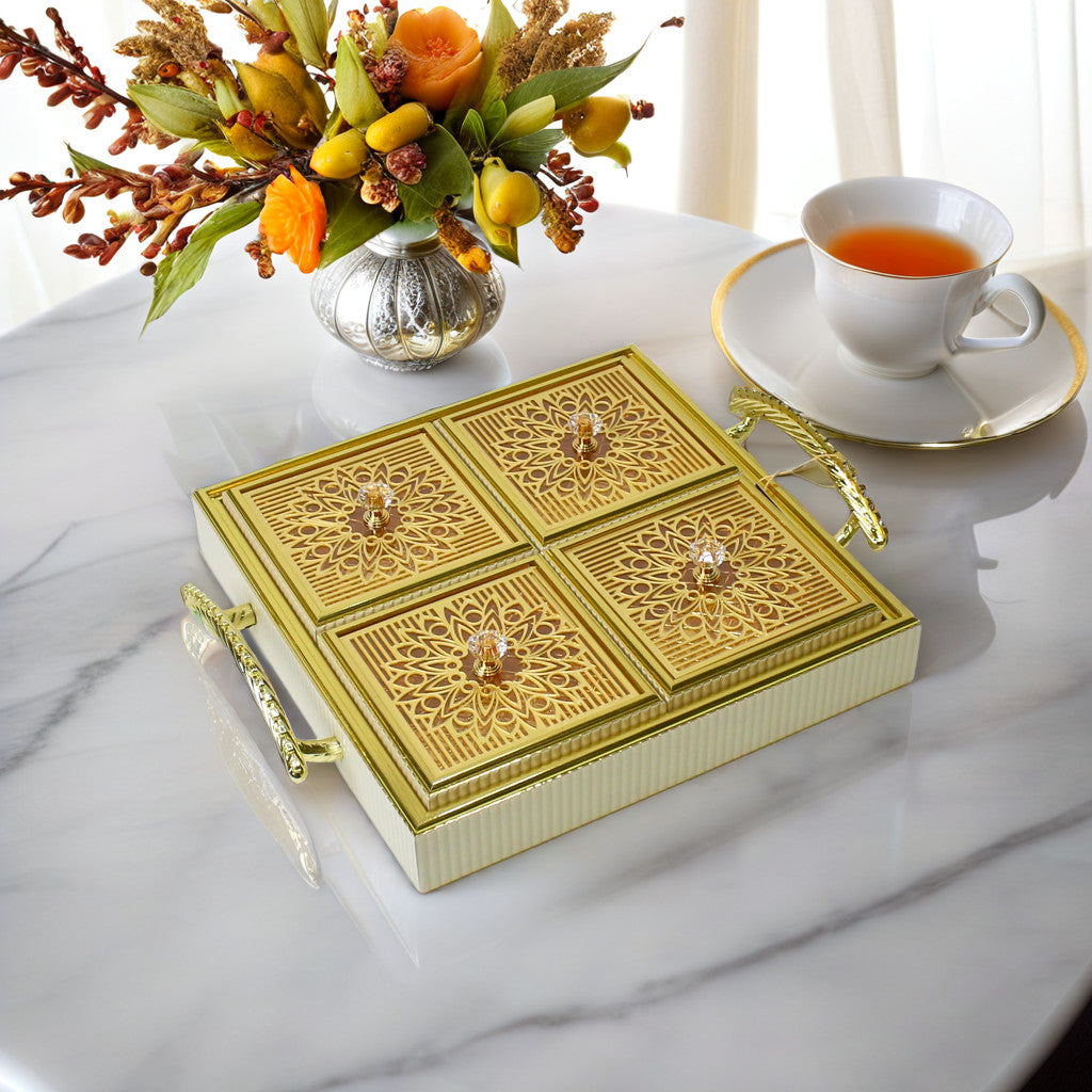 Royal Elegance Wooden Dry Fruit Tray – 4 Compartment Box