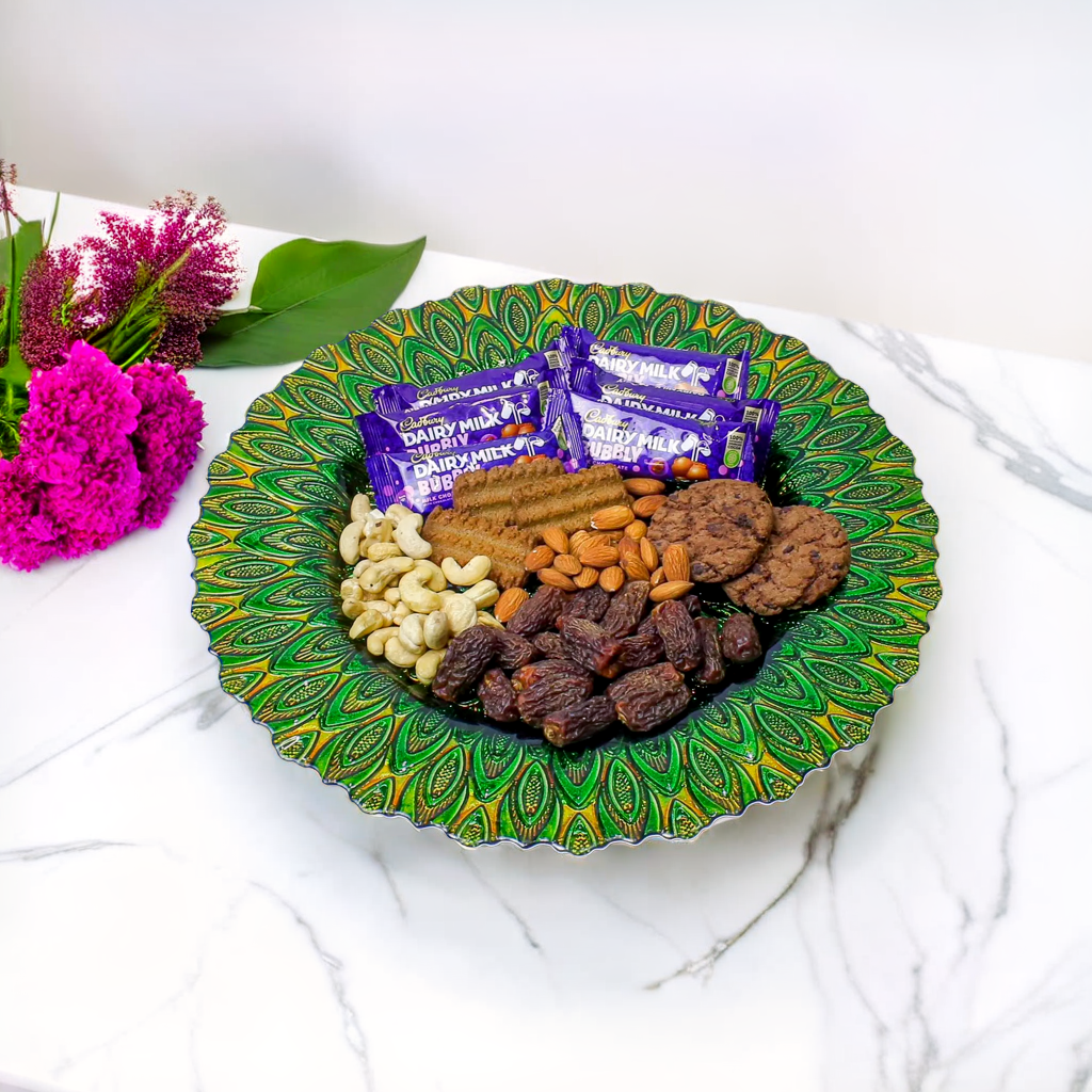 Decorative Textured Glass Decoration Plate with Peacock Pattern-13 inches