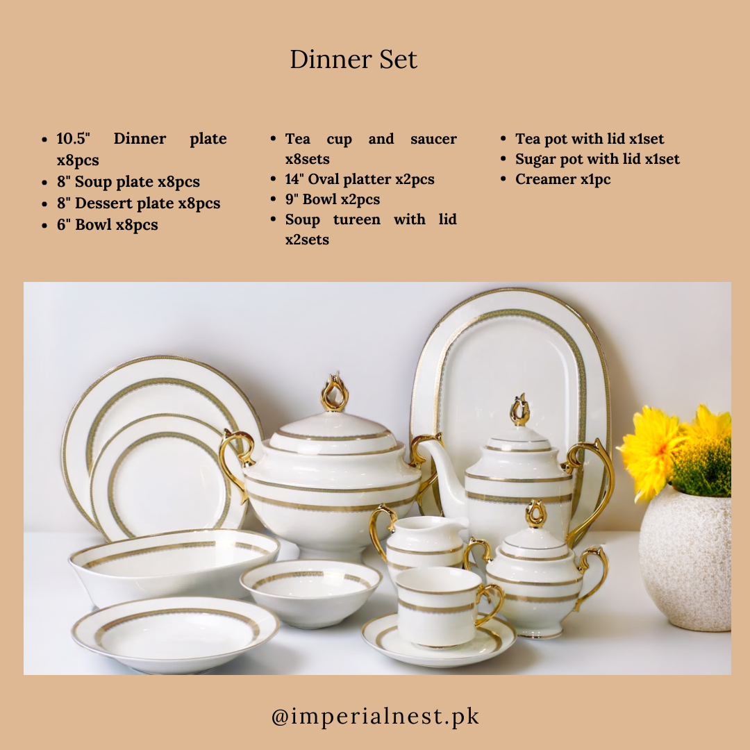 Luxurious 61-Piece White & Gold Bone China Dinner Set – Elegant Fine Tableware