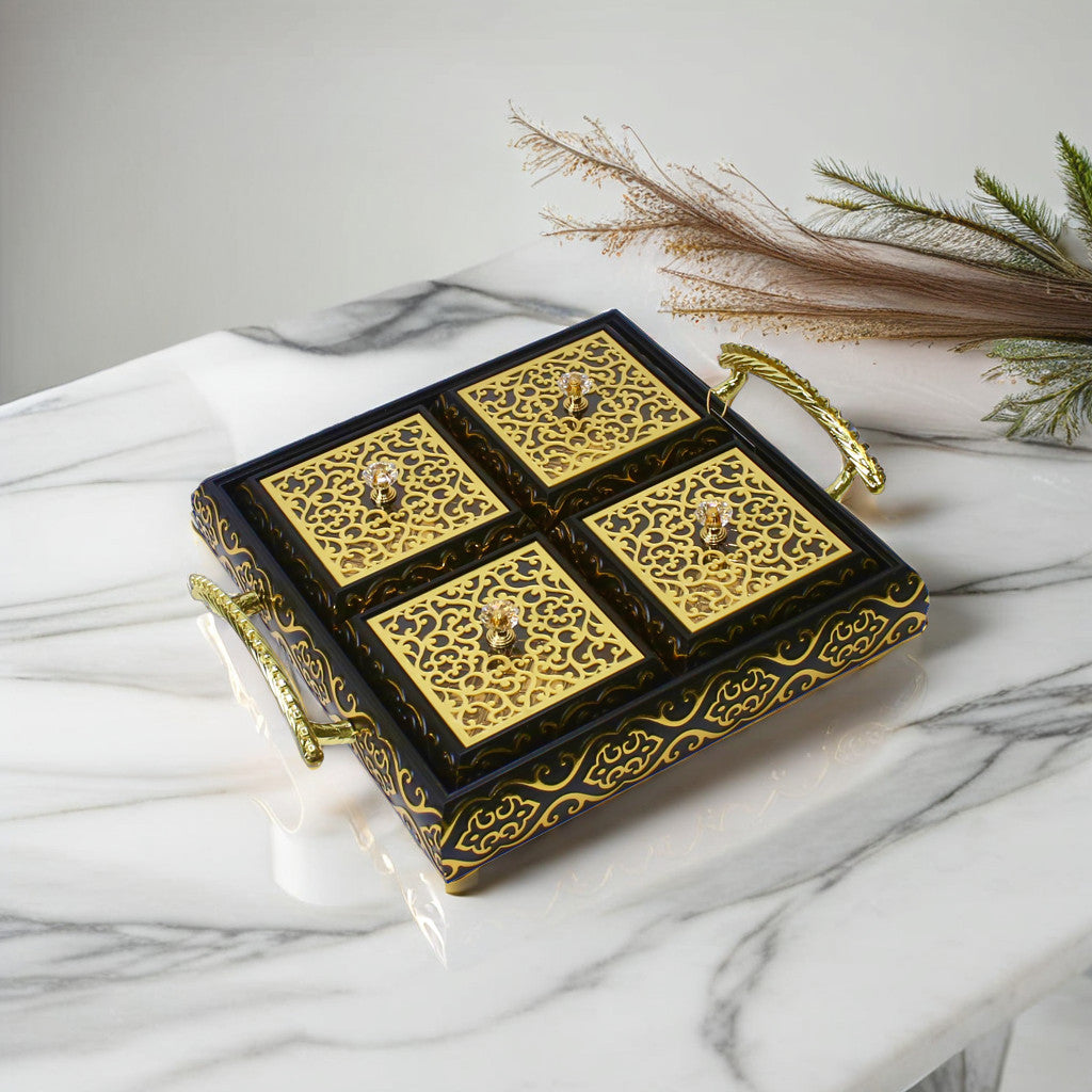 Royal Elegance Wooden Dry Fruit Tray – 4 Compartment Box