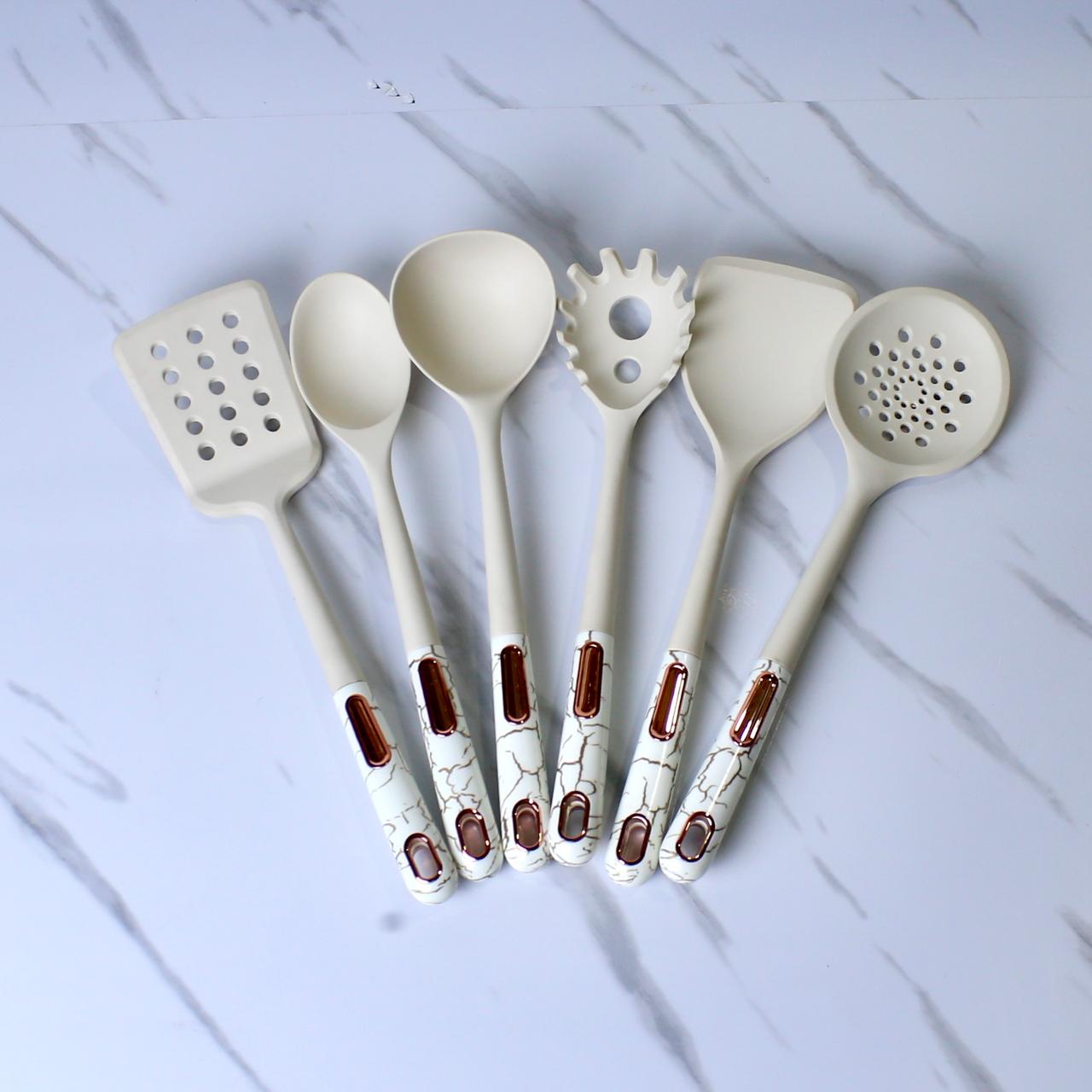Elegant White/Black Marble Effect Silicone Kitchen Utensil Set - 7 Pieces