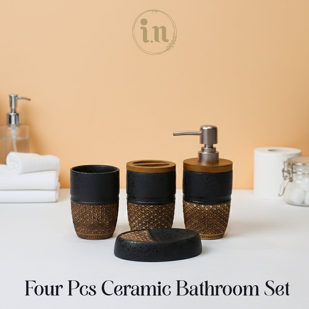 Rustic Noir Ceramic Bathroom Set – 4 Pcs Elegant Collection
