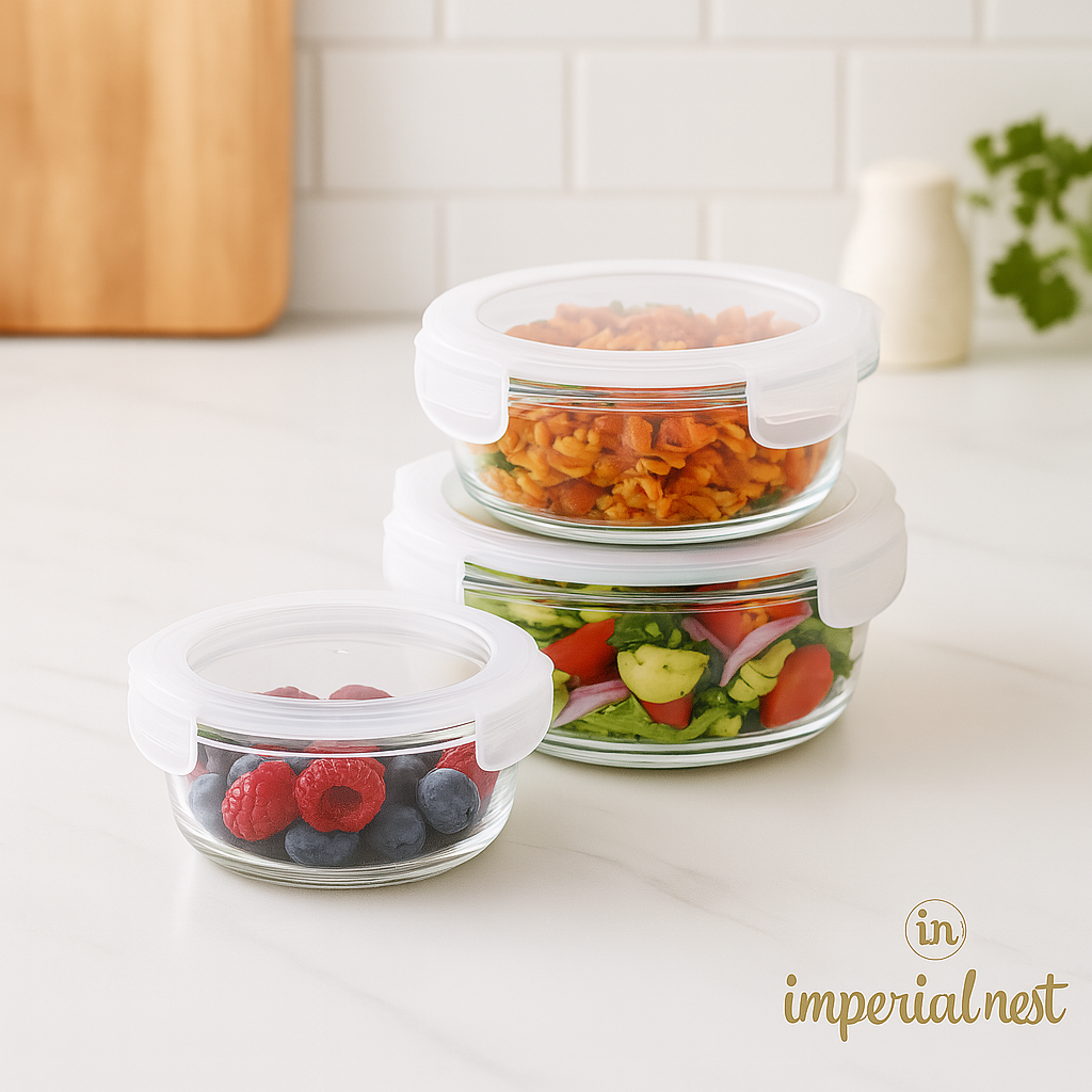 3pcs Round Glass Storage Container Set – 420ml, 660ml, 950ml | Leak-Proof & BPA-Free - Imperial Nest