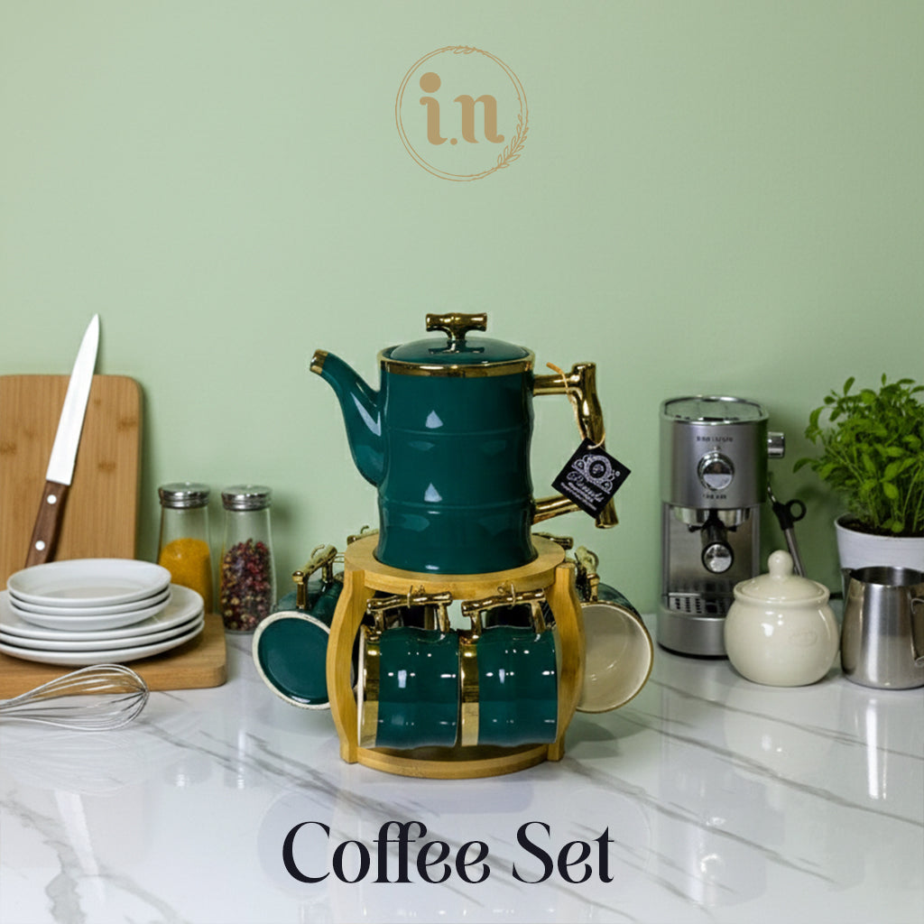 Emerald Green Coffee Set with Wooden Stand