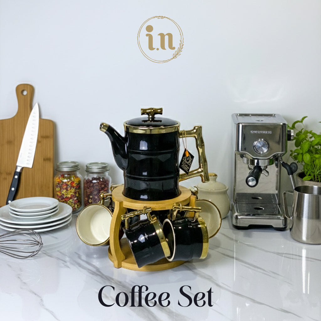 Black & Gold Coffee Set with Wooden Stand