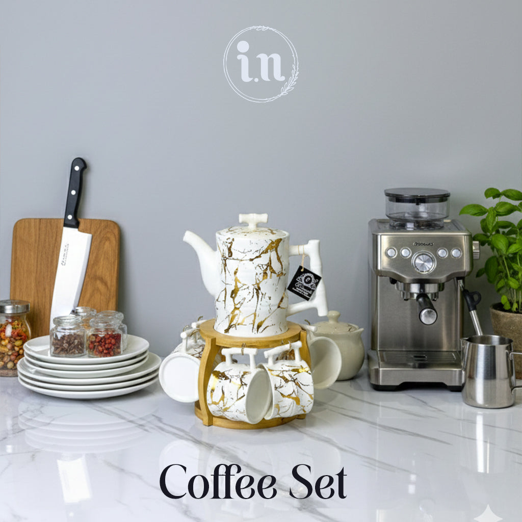 Stylish Marble Coffee Set with Wooden Stand