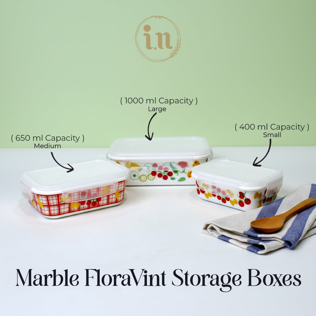 Marble FloraVint 3-Piece Glass Storage Box Set | Airtight Rectangular Containers