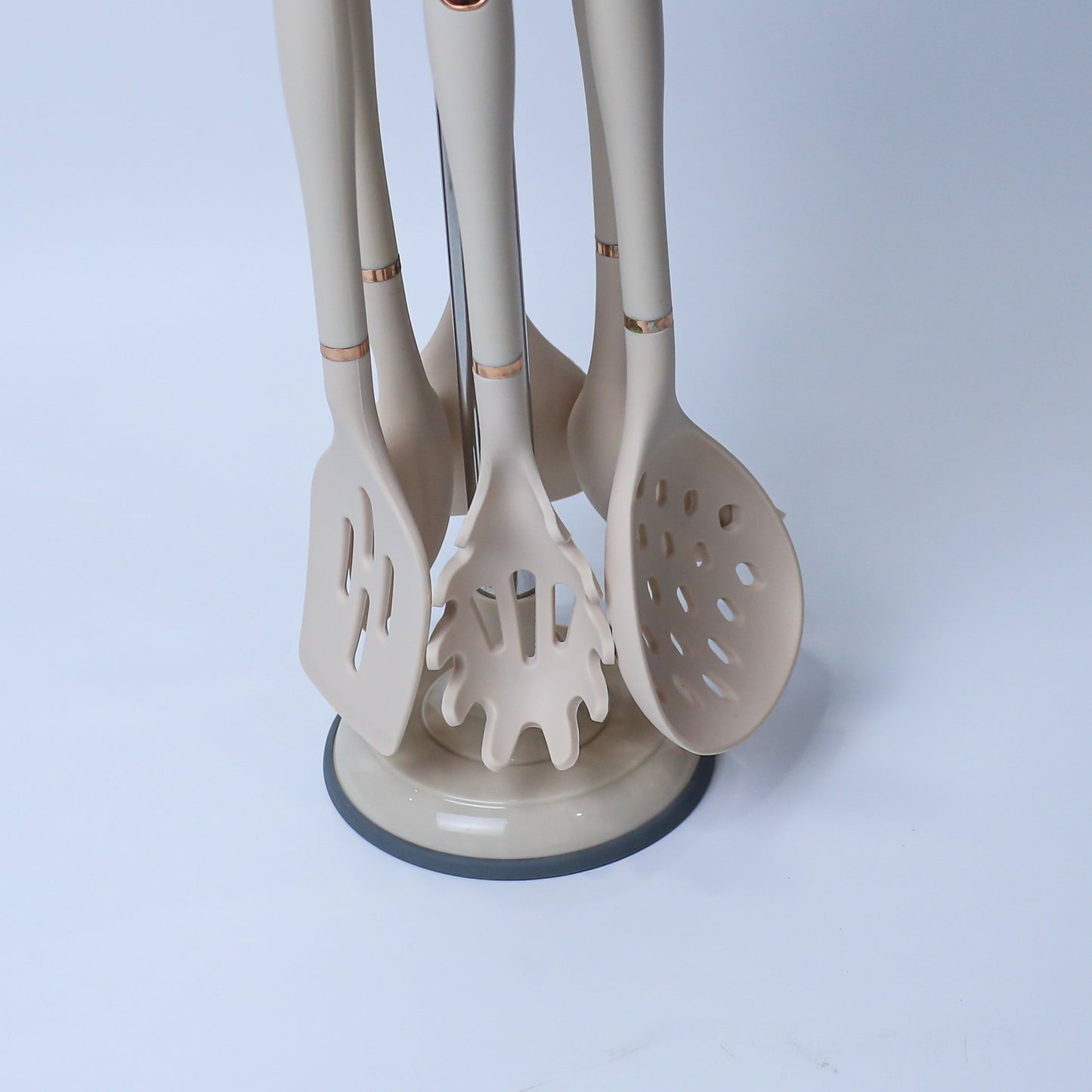 Premium Beige/Dark Slate Blue Silicone Kitchen Utensil Set with Rotating Stand - 7 Pieces