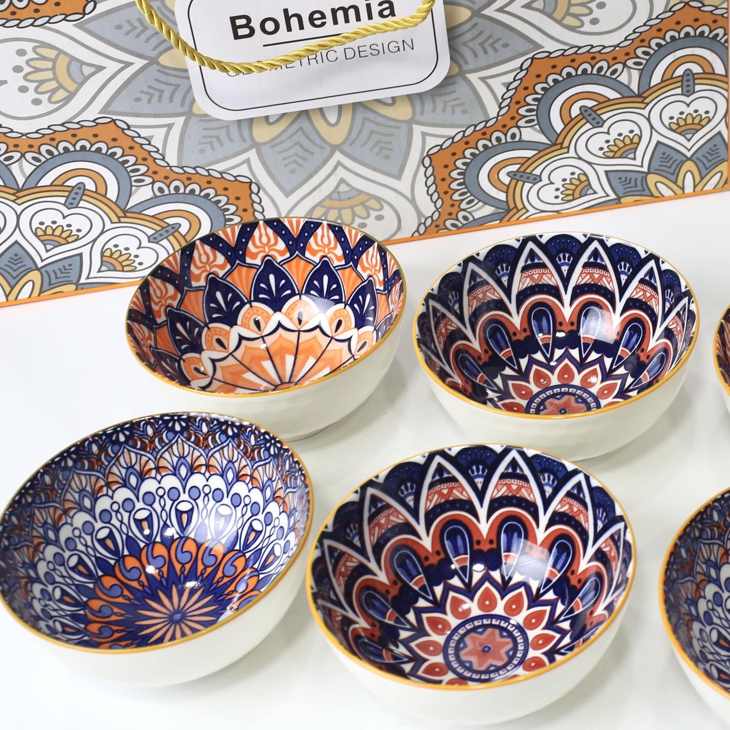 6PCS Orange and White Mandala-Inspired Ceramic Bowl Set with Gift Box Packaging