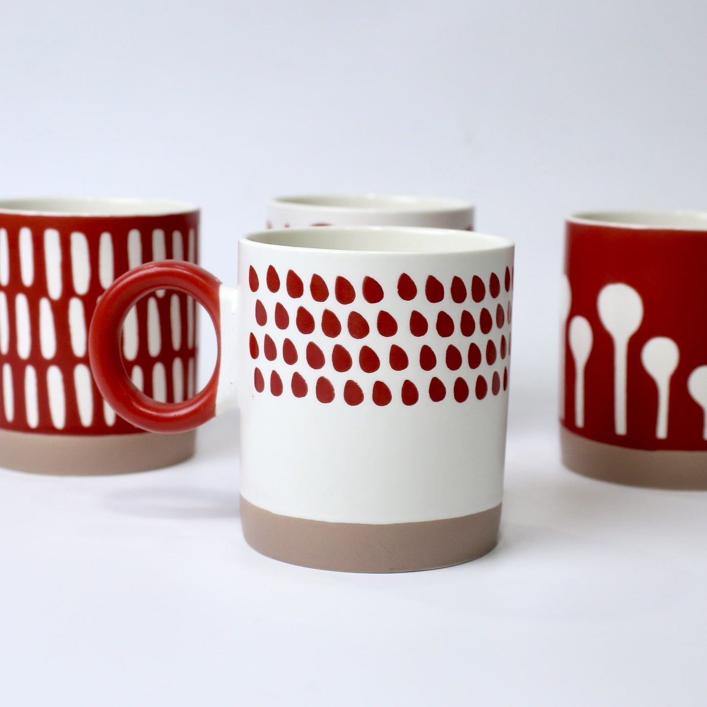Set of 4 Red & White Geometric Ceramic Mugs – Modern Designer Cups | Imperial Nest