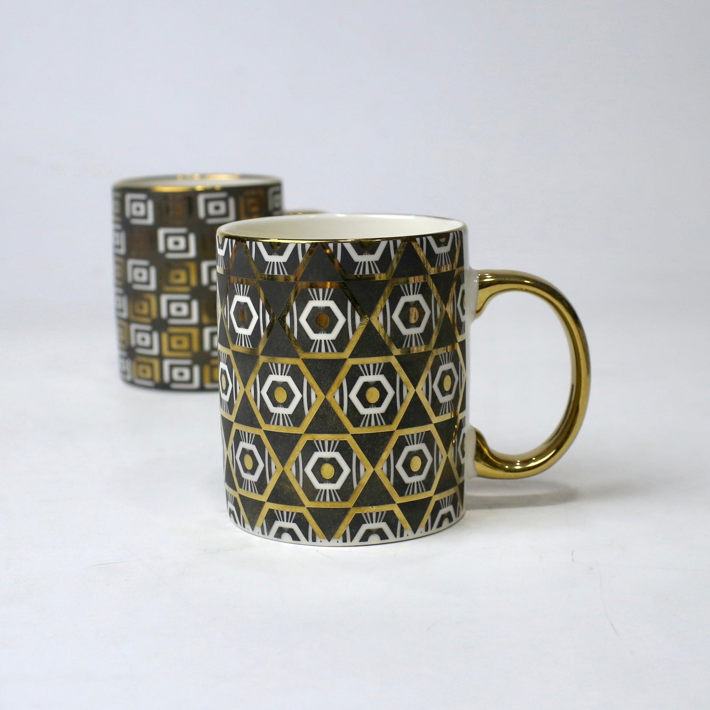 Set of 2 Luxury Geometric Ceramic Mugs with Golden Handle | Imperial Nest