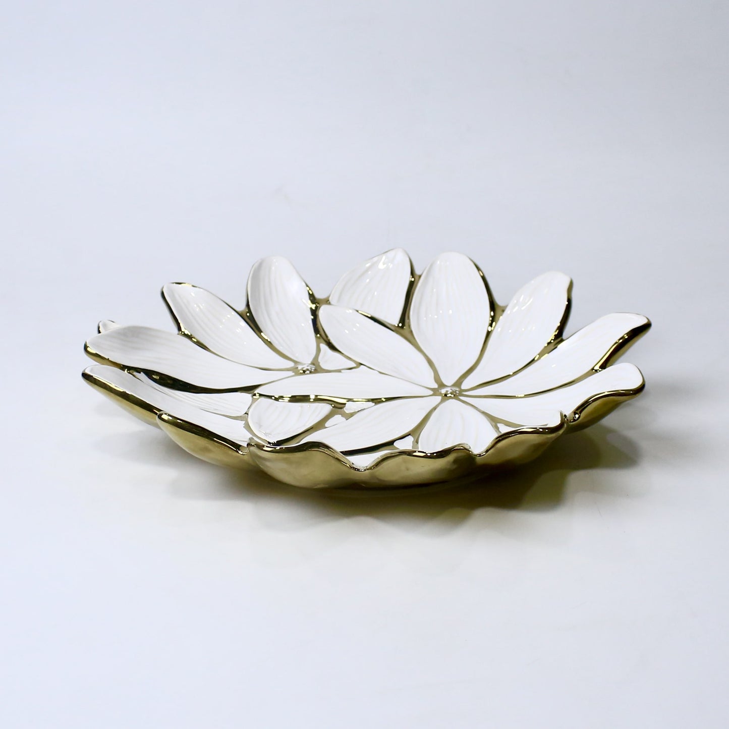 Petal Design Ceramic Bowl – 13.25" Decorative Fruit or Snack Dish | Gold & Silver Finish