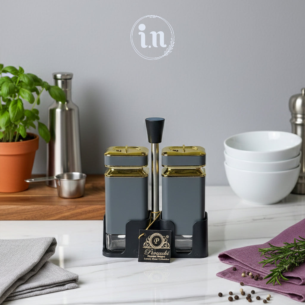 3-Piece Glass Salt & Pepper Jar Set with Holder