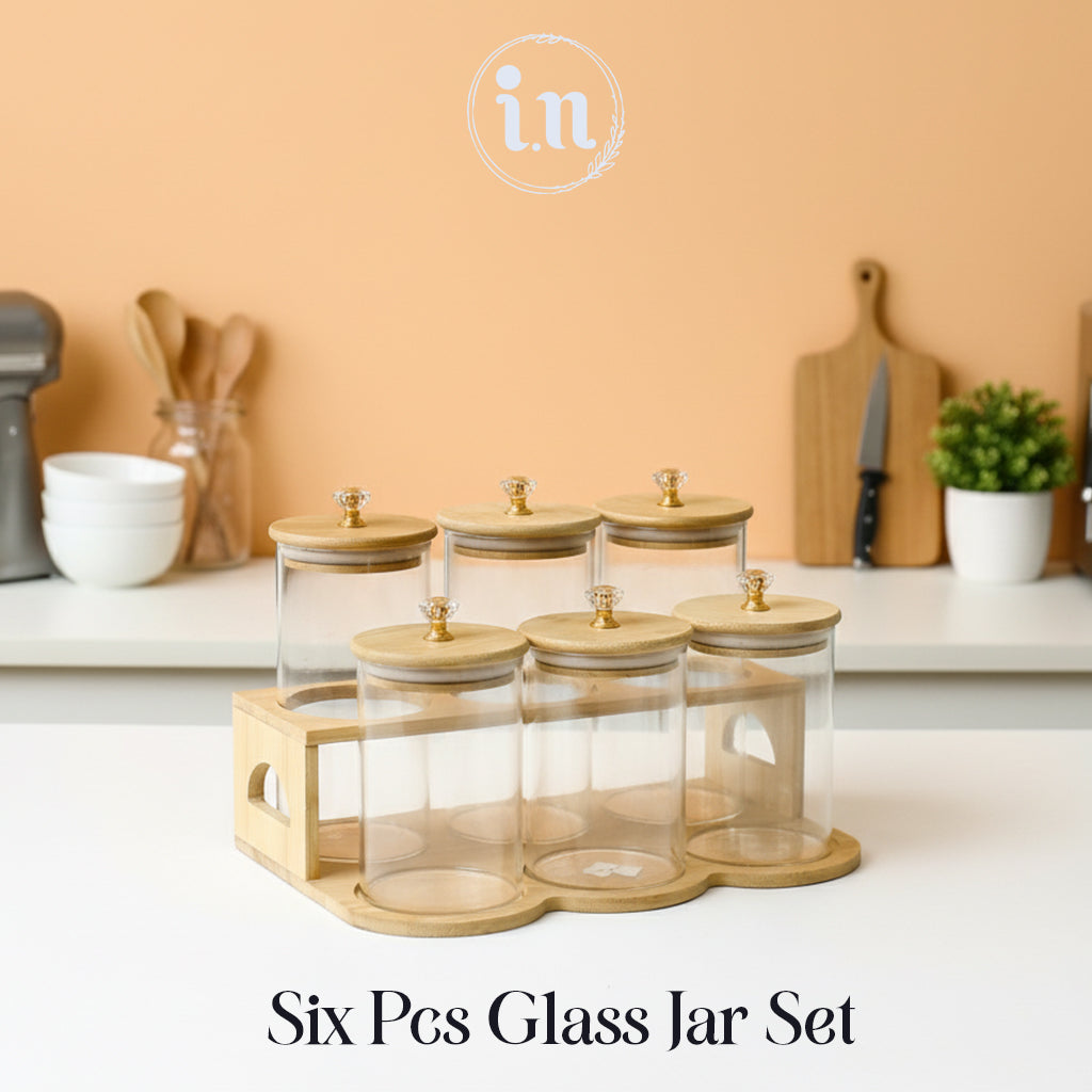 6PCS Airtight Glass Jar Set with Wooden Stand