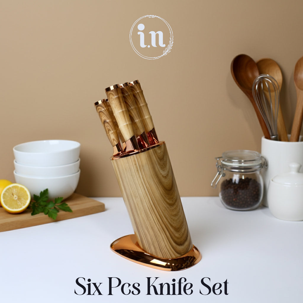 6-Piece Marble Kitchen Knife Set with Gold Angled Display Block