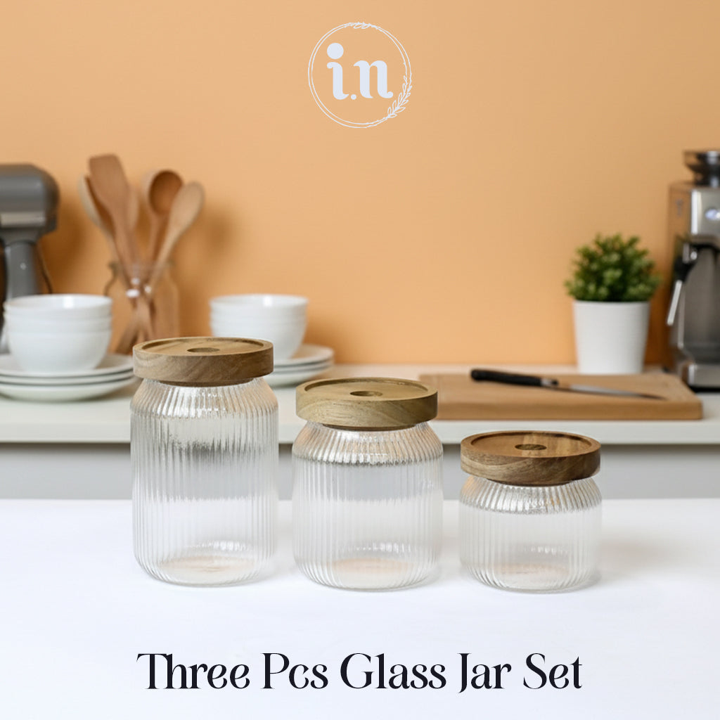 3 Pcs Ribbed Airtight Glass Jar Set with Wood Lids