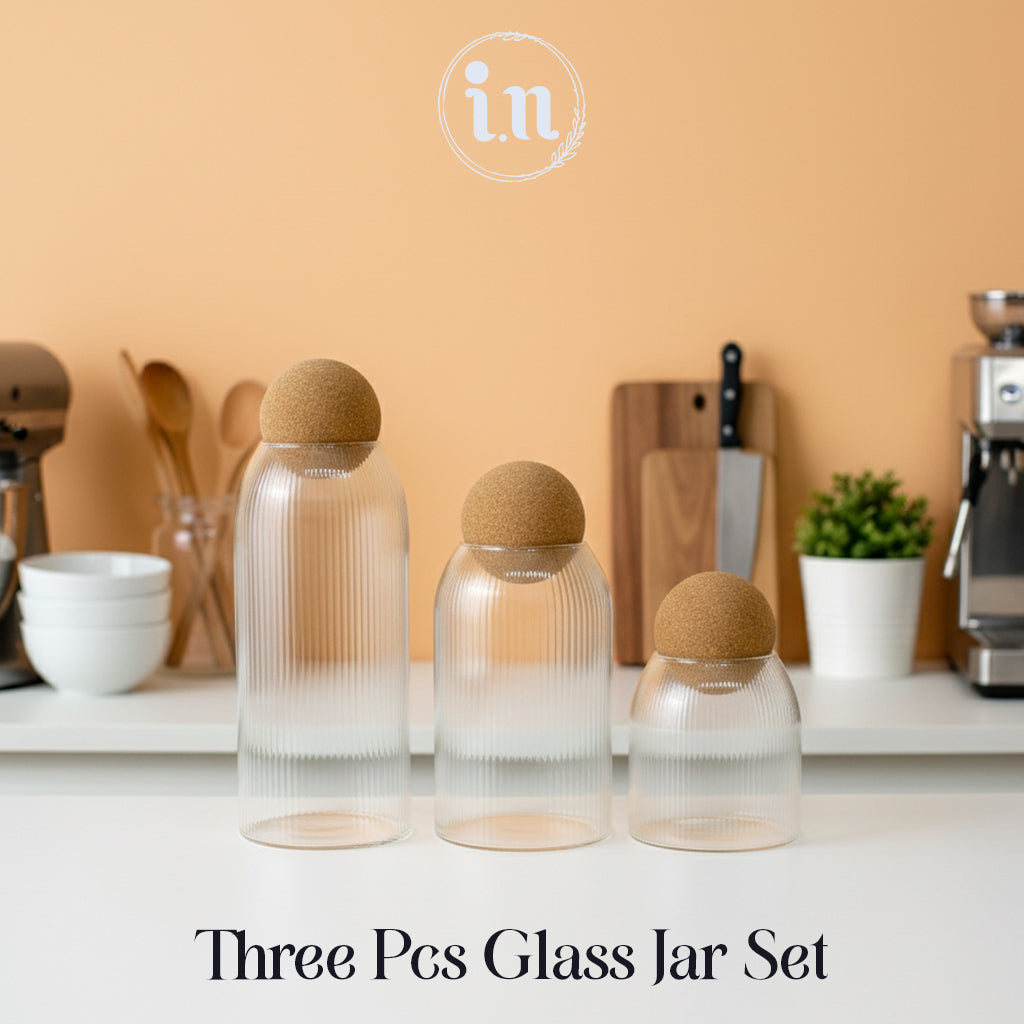 3 Pcs Ribbed Airtight Glass Jar Set with Cork Lids