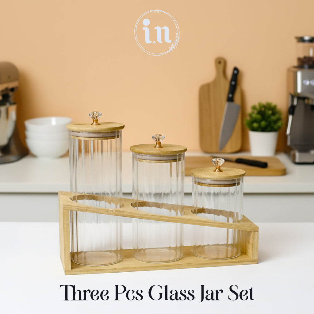 3PCS Luxury Airtight Glass Storage Jar Set with Wooden Organizer