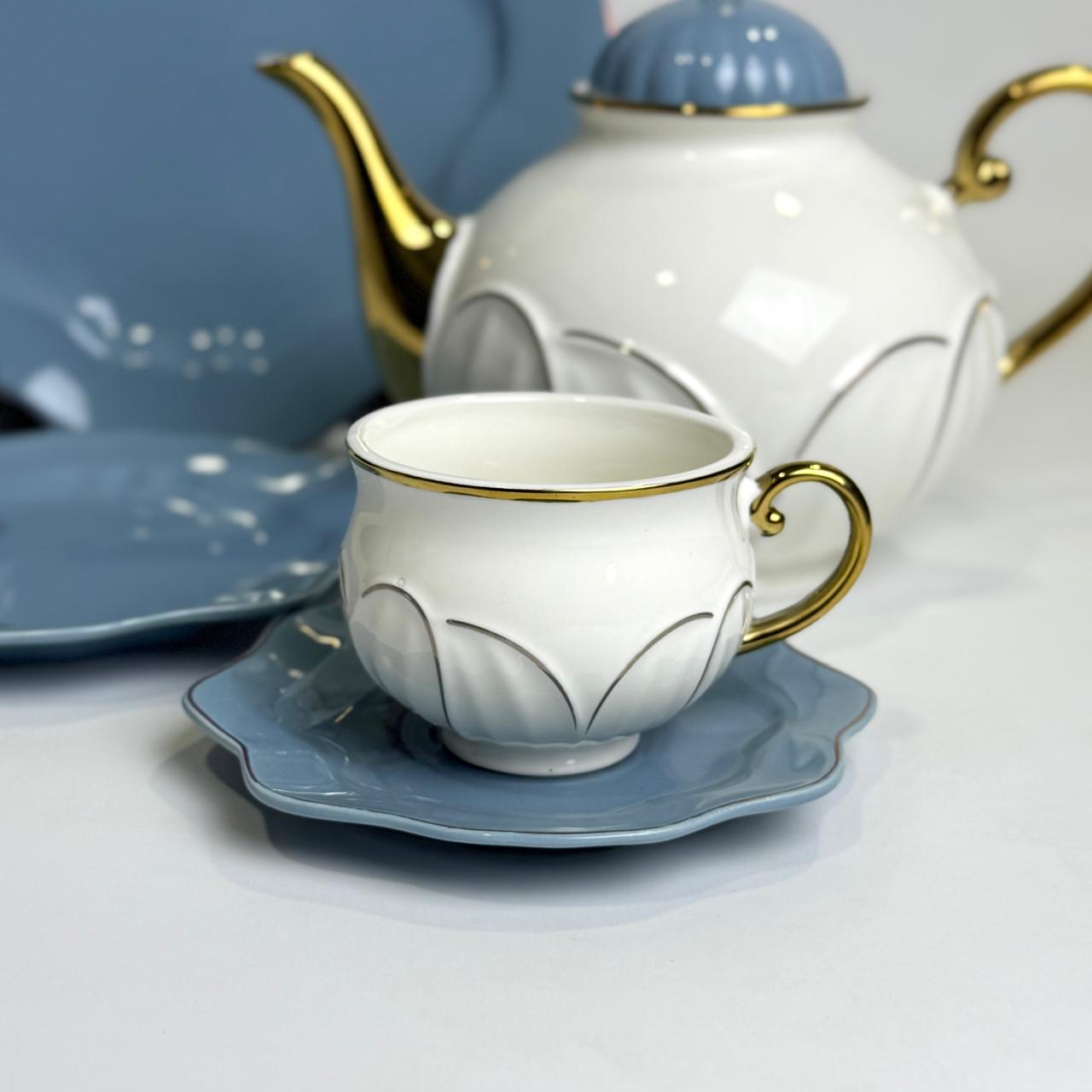 24-Piece Bone China Tea Set – White & Blue with Gold Accents