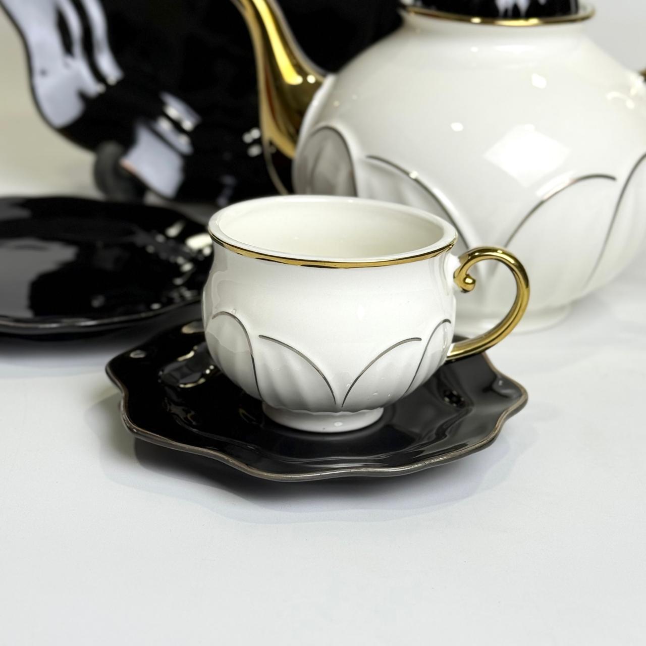 Classic 24PCS Tea Set – Black & White Bone China with Gold Rim Finish
