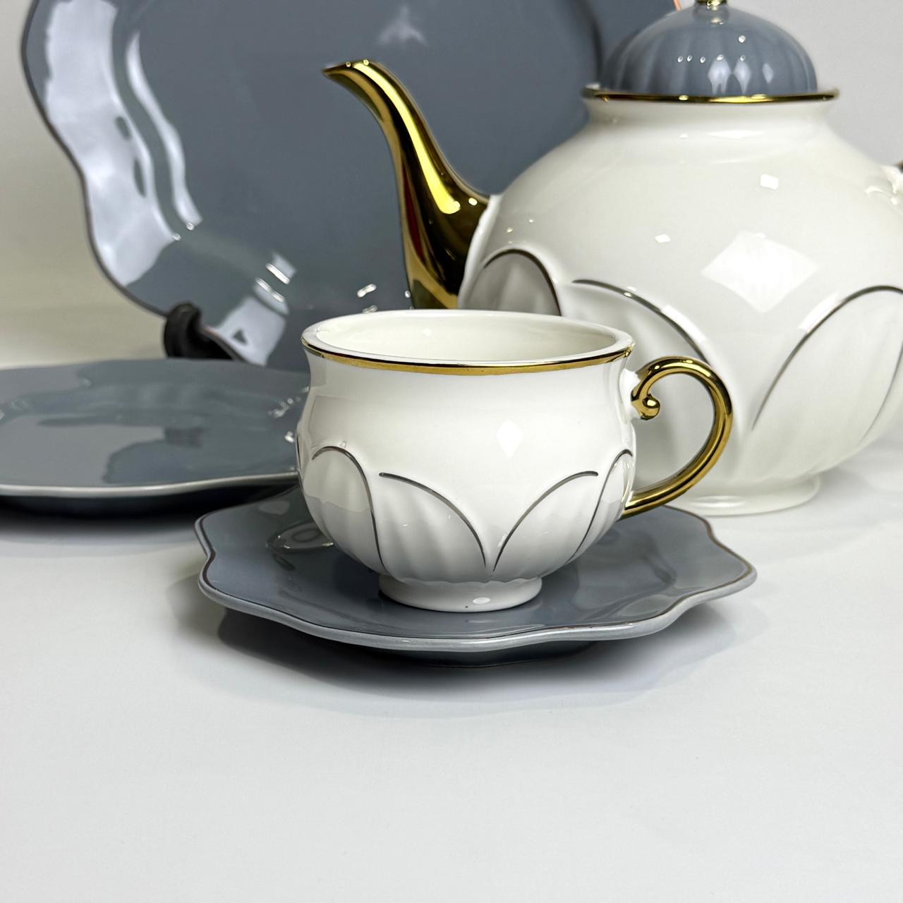 Classic 24-Piece Bone China Tea Set with Gold Rim – Modern Grey & White