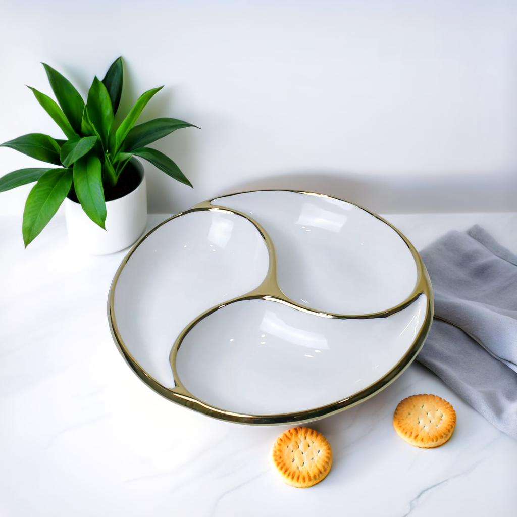 Elegant Round Ceramic Serving Platter with Gold Accents - Multi-Compartment