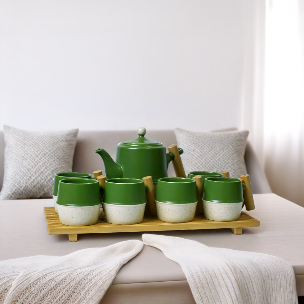 Elegant Premium Coffee Set with Six Cups and Wooden Tray