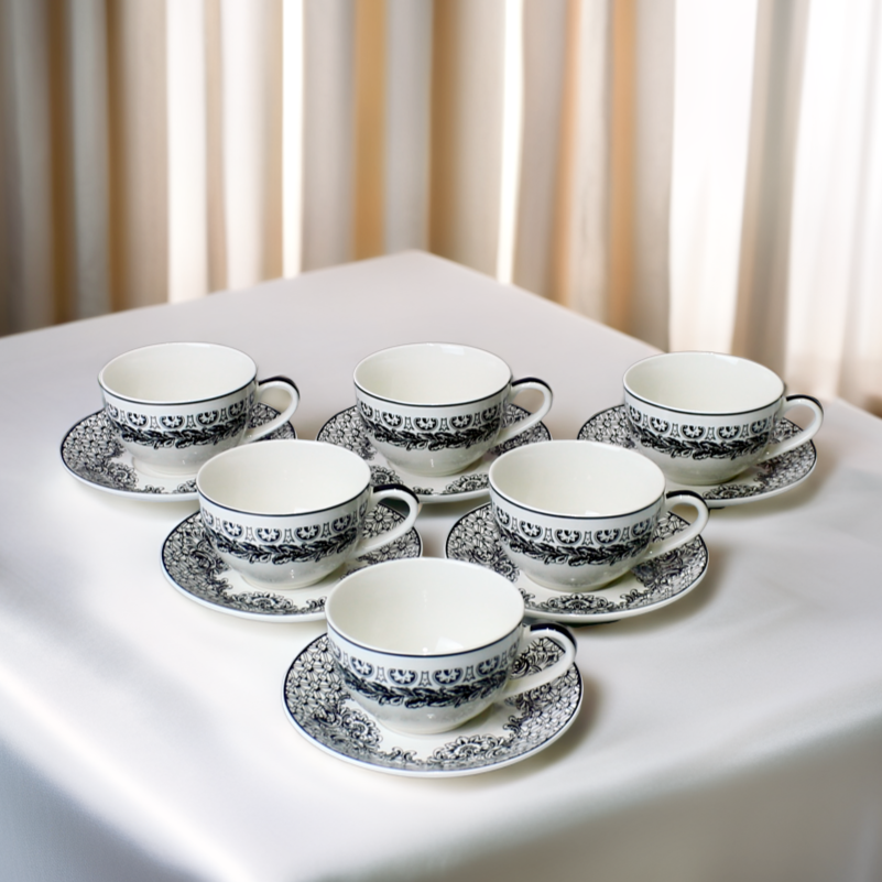 Classic Black and White Cup Saucer Set - 6 Piece
